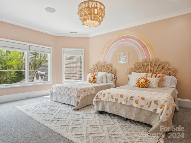 carpeted bedroom with a notable chandelier and crown molding