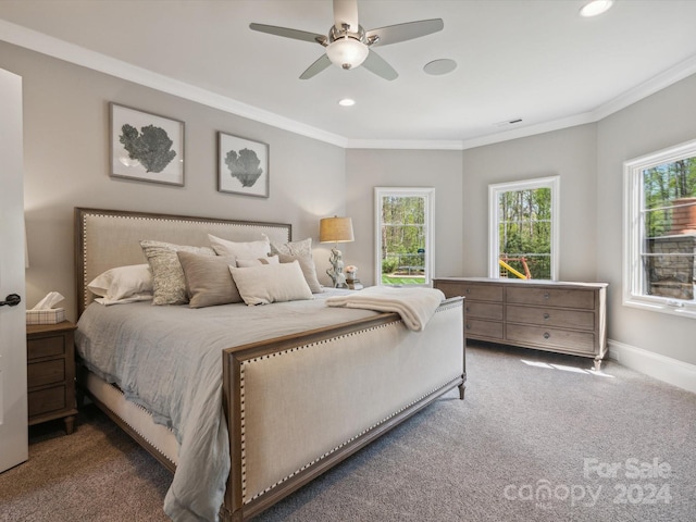 carpeted bedroom featuring multiple windows, crown molding, and ceiling fan