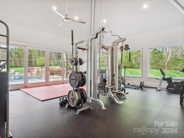 exercise room with ceiling fan