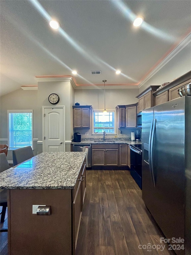 kitchen featuring plenty of natural light, pendant lighting, stainless steel appliances, and dark wood-type flooring