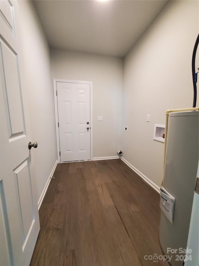 laundry room with hookup for an electric dryer, washer hookup, dark hardwood / wood-style flooring, and water heater