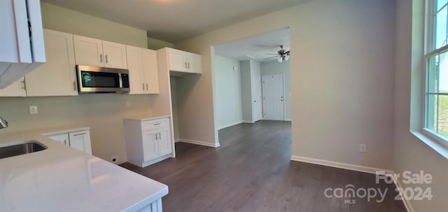 kitchen featuring white cabinetry, ceiling fan, dark wood-type flooring, and sink