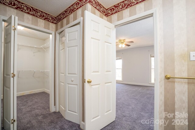 corridor with a textured ceiling and carpet