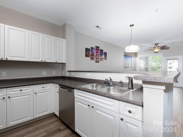 kitchen with kitchen peninsula, ceiling fan, dishwasher, dark wood-type flooring, and white cabinets