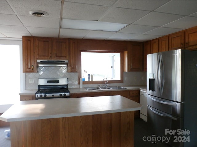 kitchen featuring sink, appliances with stainless steel finishes, a drop ceiling, and tasteful backsplash