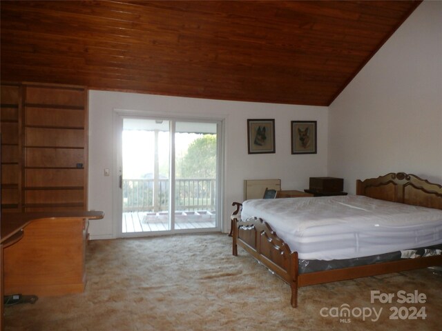 bedroom with wood ceiling, lofted ceiling, carpet, and access to exterior