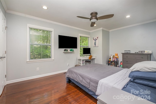 bedroom featuring ornamental molding, dark hardwood / wood-style flooring, and ceiling fan