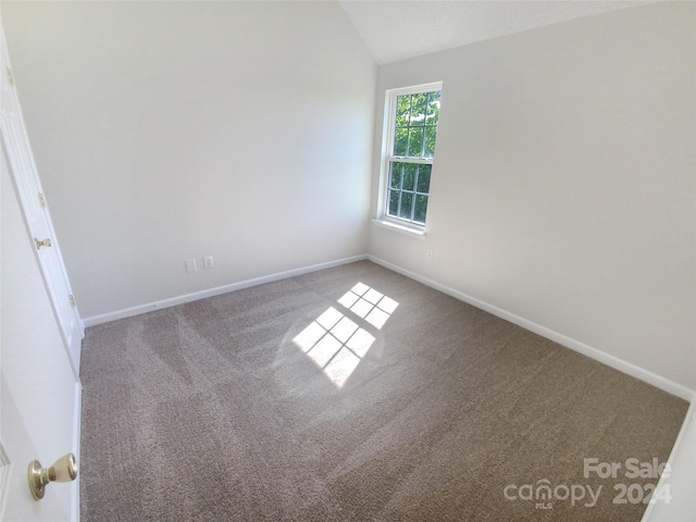 empty room featuring vaulted ceiling and carpet floors