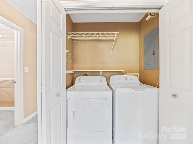 laundry area with light colored carpet and separate washer and dryer