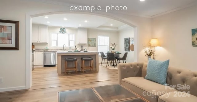 living room featuring sink, light wood-type flooring, and ornamental molding