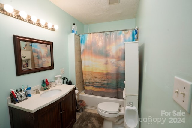 full bathroom featuring a textured ceiling, tile patterned flooring, vanity, toilet, and shower / bath combo with shower curtain