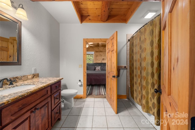 bathroom with wooden ceiling, large vanity, toilet, and tile flooring