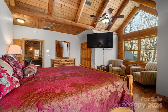 bedroom with wooden ceiling, hardwood / wood-style floors, beam ceiling, and ceiling fan