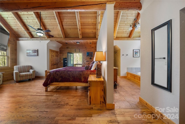 bedroom with wooden ceiling, ceiling fan, vaulted ceiling with beams, and multiple windows