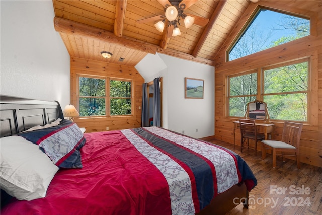 bedroom with wood ceiling, hardwood / wood-style floors, ceiling fan, and vaulted ceiling with beams