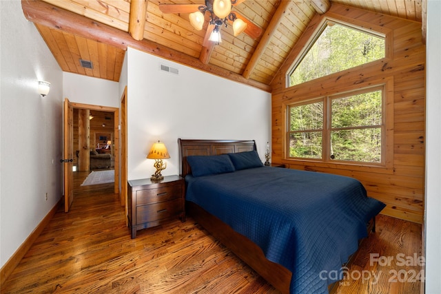 bedroom with high vaulted ceiling, beamed ceiling, hardwood / wood-style floors, wood ceiling, and ceiling fan