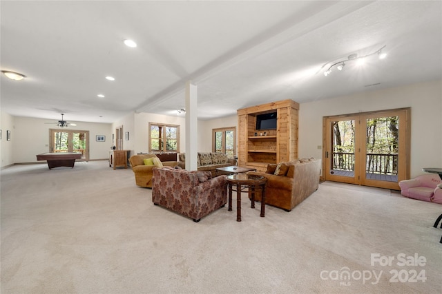 living room with french doors, carpet, pool table, and ceiling fan