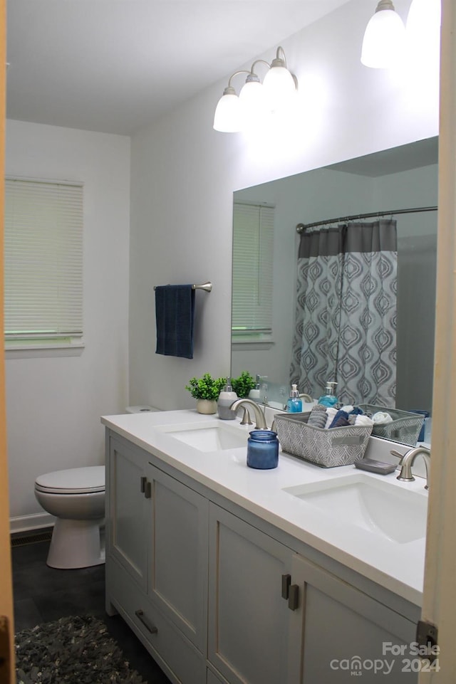 bathroom featuring vanity, toilet, and walk in shower