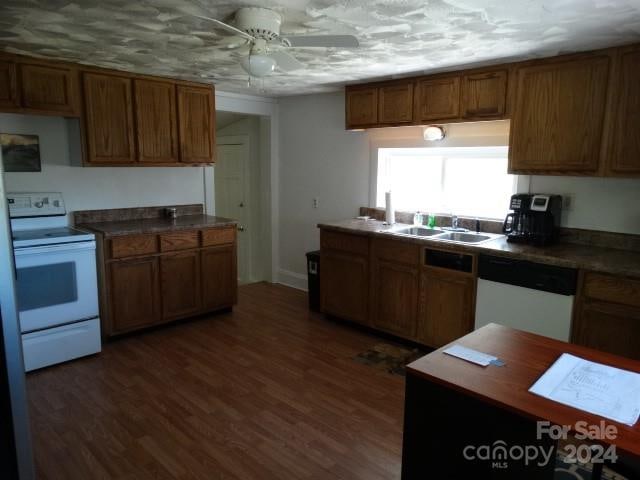 kitchen featuring sink, white appliances, dark wood-type flooring, and ceiling fan