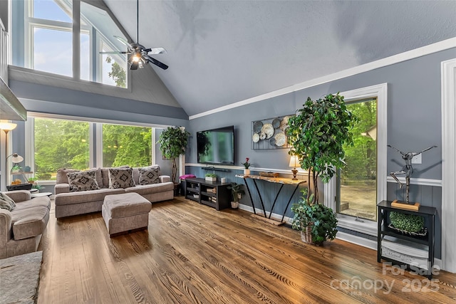 living room with hardwood / wood-style flooring, a wealth of natural light, high vaulted ceiling, and ceiling fan