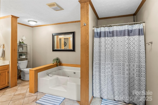 full bathroom with toilet, tile patterned floors, a textured ceiling, crown molding, and vanity