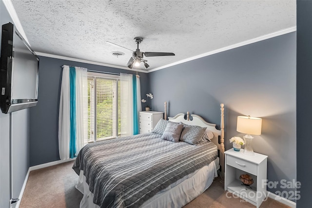 bedroom featuring ceiling fan, dark carpet, and ornamental molding