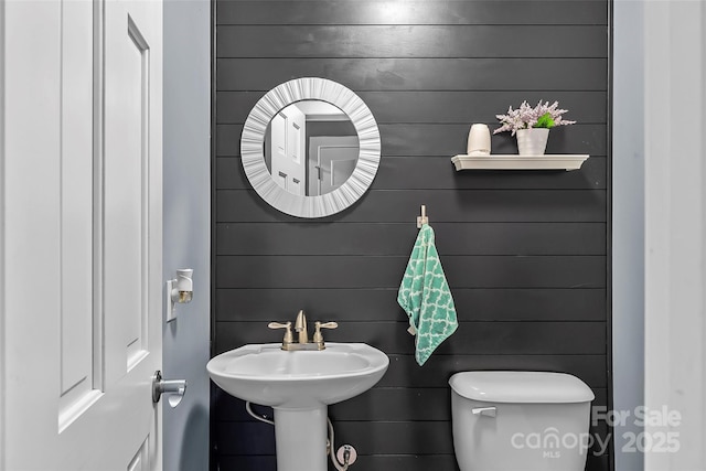 bathroom with toilet and wooden walls