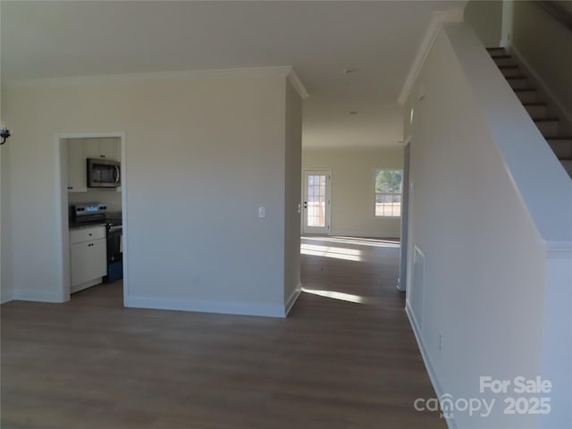 hall featuring ornamental molding and dark hardwood / wood-style floors