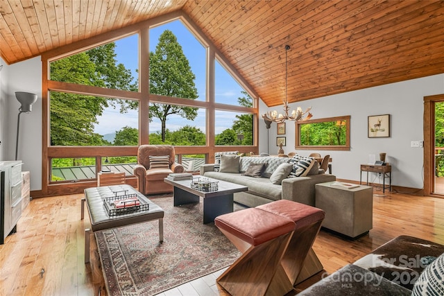 living room with plenty of natural light, high vaulted ceiling, light hardwood / wood-style flooring, and wooden ceiling