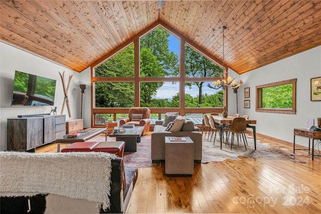 living room with high vaulted ceiling, an inviting chandelier, and wooden ceiling