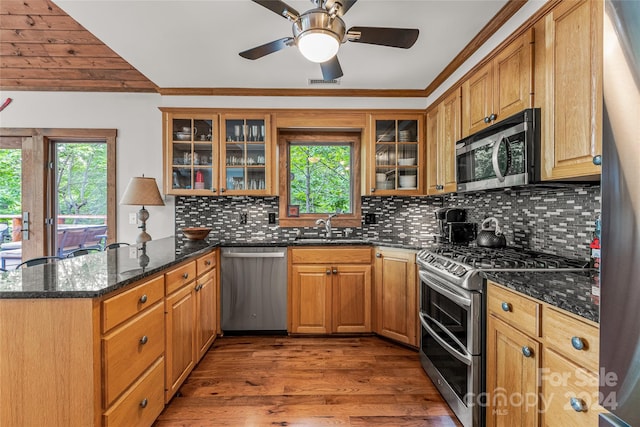 kitchen with appliances with stainless steel finishes, plenty of natural light, hardwood / wood-style flooring, and tasteful backsplash