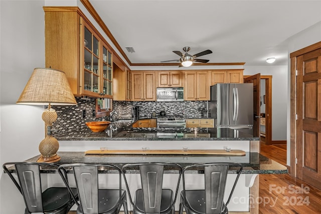 kitchen with light hardwood / wood-style flooring, appliances with stainless steel finishes, dark stone counters, kitchen peninsula, and backsplash