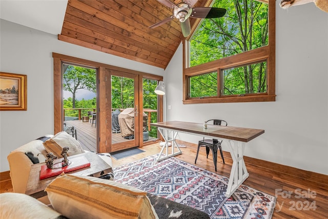 office with high vaulted ceiling, wood-type flooring, ceiling fan, and wooden ceiling