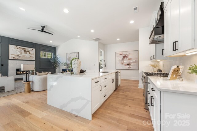 kitchen featuring visible vents, a sink, stainless steel appliances, light wood-style floors, and a glass covered fireplace