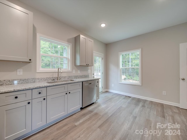 kitchen with light stone counters, a wealth of natural light, sink, and stainless steel dishwasher