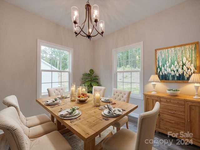 dining space featuring a notable chandelier, wood-type flooring, and a healthy amount of sunlight