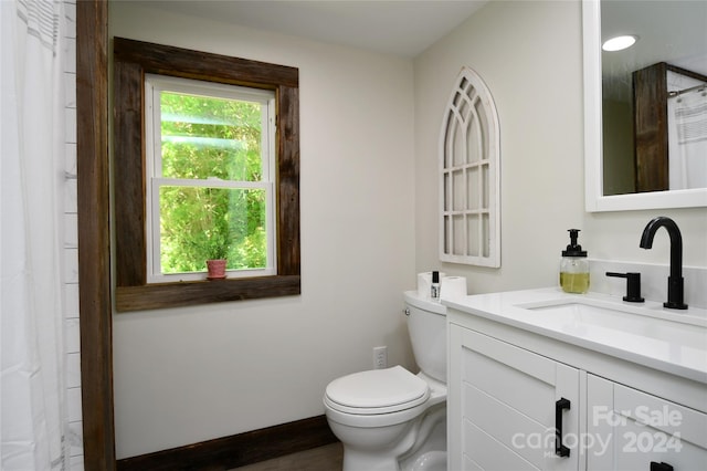 bathroom featuring wood-type flooring, toilet, and oversized vanity