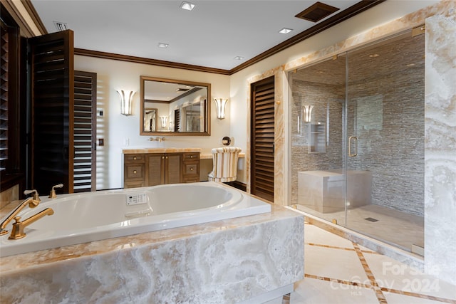 bathroom with crown molding, tile flooring, independent shower and bath, and vanity