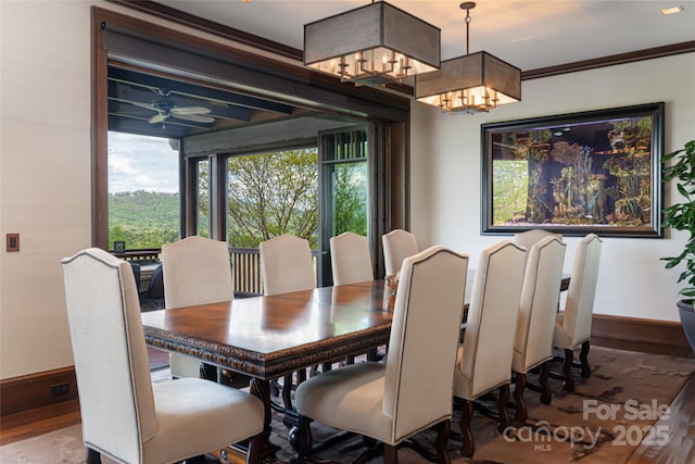 dining room with baseboards, wood finished floors, and ceiling fan with notable chandelier