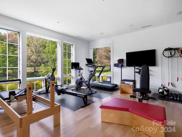 exercise area featuring visible vents and wood finished floors