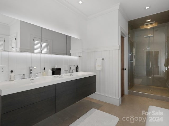 bathroom featuring decorative backsplash, vanity, walk in shower, and crown molding