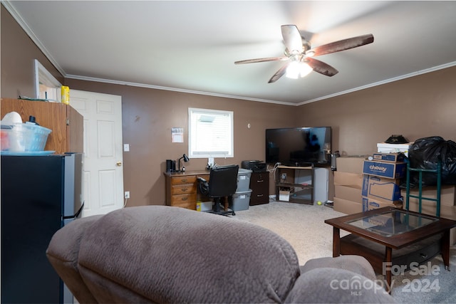 interior space with ceiling fan, stainless steel fridge, and crown molding