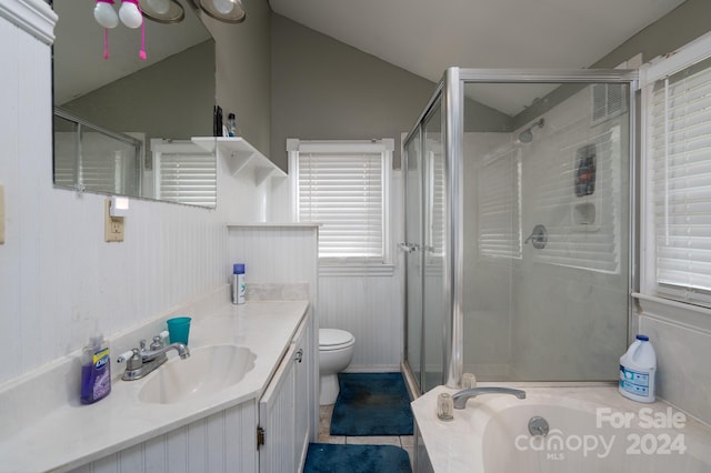 full bathroom with toilet, vanity, vaulted ceiling, tile patterned flooring, and plus walk in shower