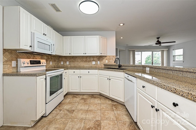 kitchen with ceiling fan, sink, white cabinets, and white appliances