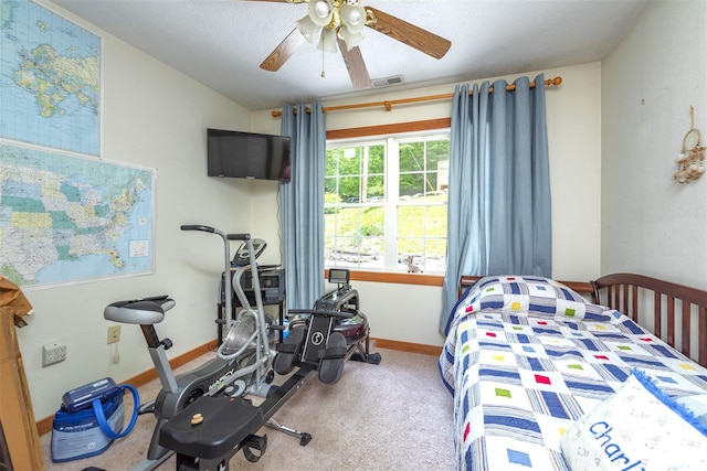 bedroom featuring carpet flooring, ceiling fan, and lofted ceiling