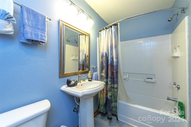 bathroom with shower / bathtub combination with curtain and toilet