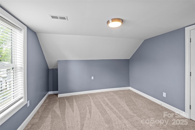 additional living space featuring carpet floors and vaulted ceiling