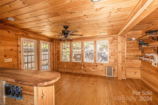 unfurnished sunroom featuring ceiling fan and wood ceiling