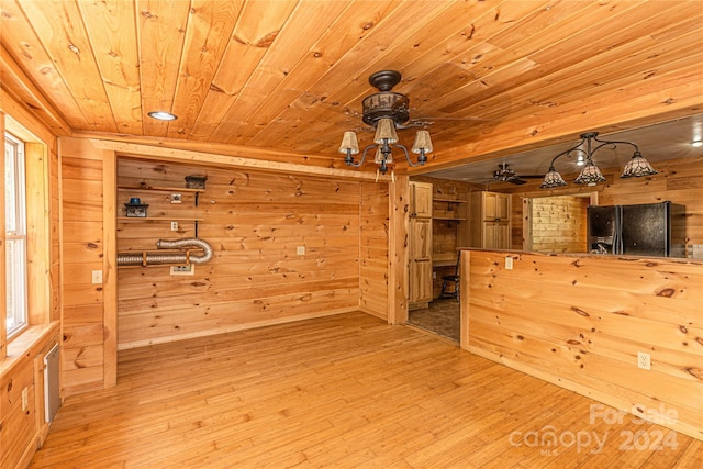 spare room featuring wooden ceiling, wood walls, and light wood-type flooring