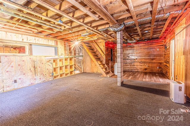 basement with dark colored carpet